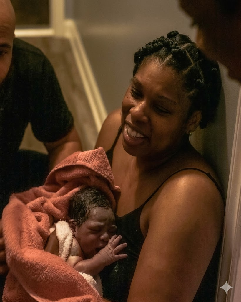 Mother holding her newborn baby while her husband embraces her after childbirth in a warm and emotional moment birth center Durham NC