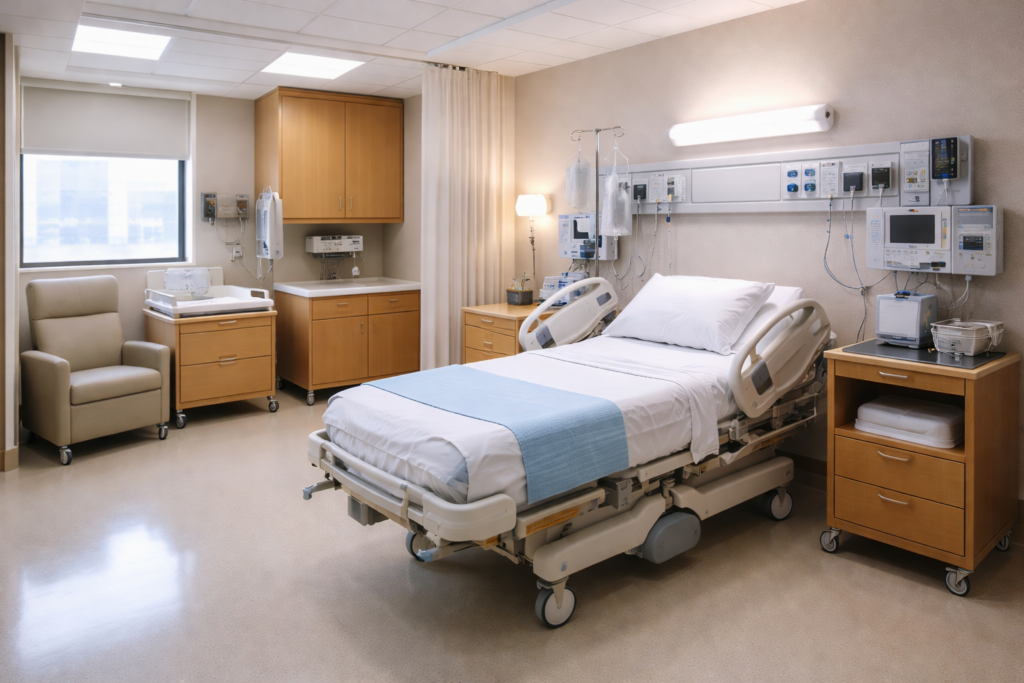 Hospital delivery room with medical bed and advanced equipment prepared for childbirth birth center Durham NC