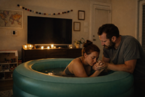 Pregnant woman holding her husband’s hand during labor in a supportive and intimate home setting birth center Durham NC